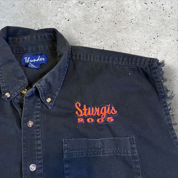 Strugis 2005 Denim Button Shirt Size XL Black Sleeveless Chest Embroidery - Picture 2 of 10